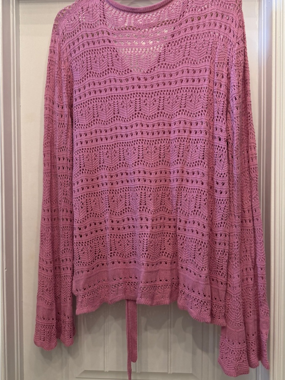 Pink Crochet V-Neck Drawstring Sweater - Picture 3 of 4